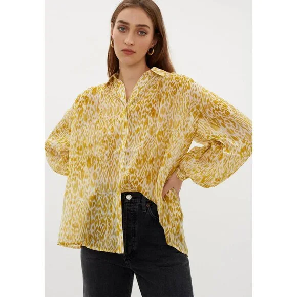 Anine Bing 100% Silk Caleb Shirt Leopard Animal Print Balloon Sleeve Oversized - Picture 16 of 16